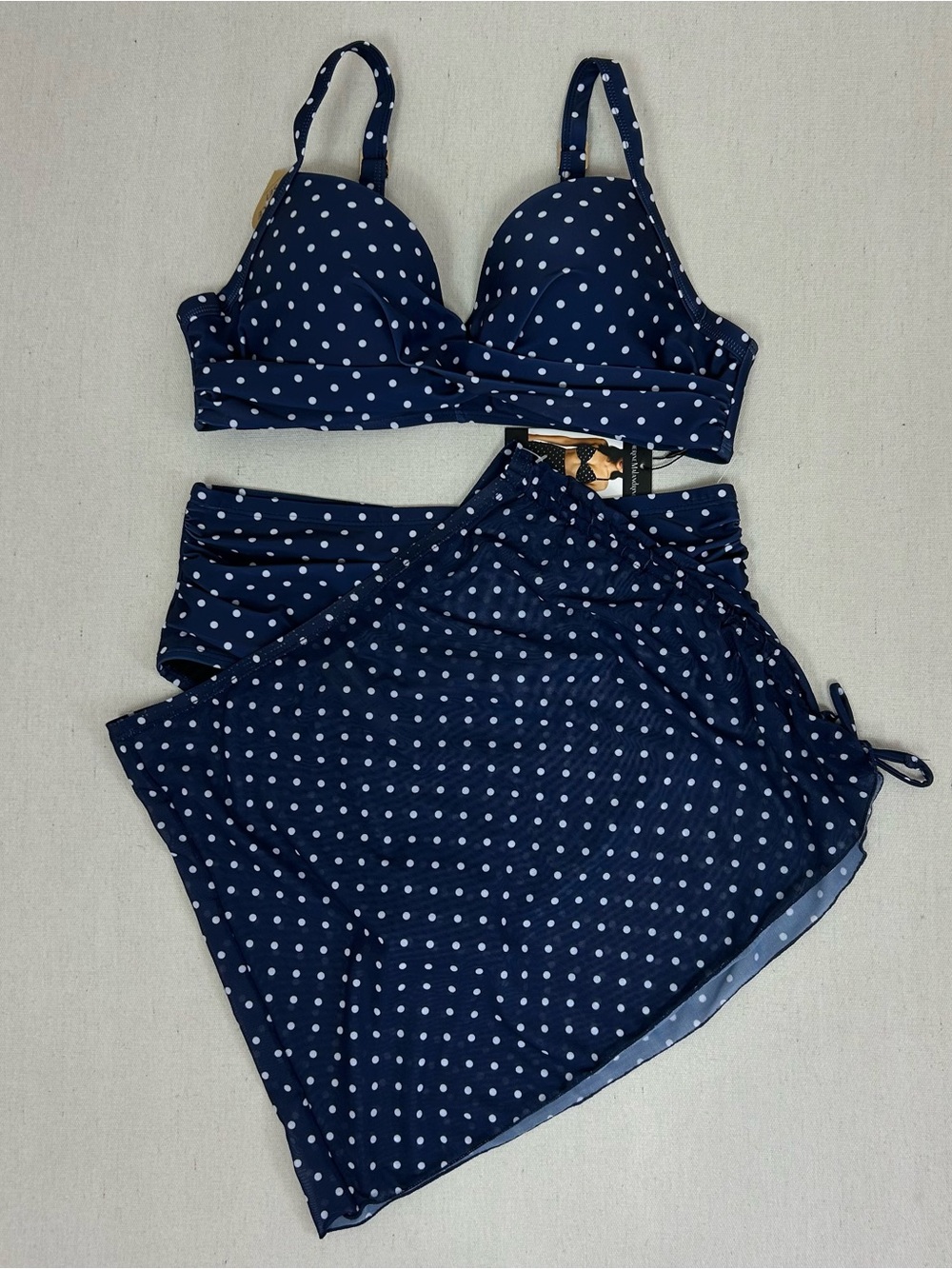 Catherine Malandrino Polka Dot Navy 3 Piece Bikini Swim Set Size L